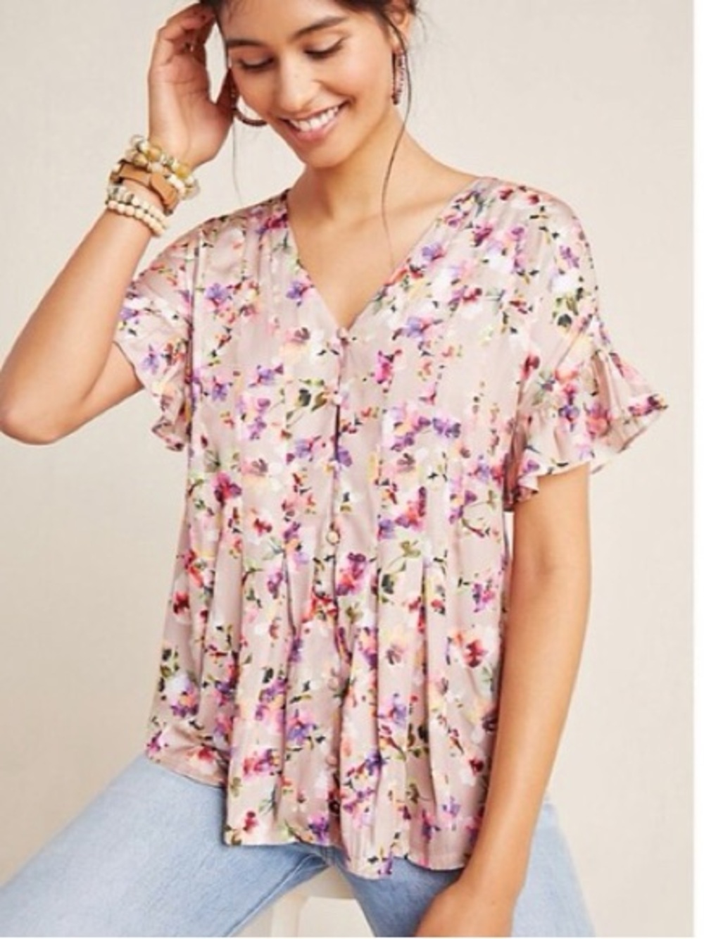 dolan Light Tan Floral V-Neck Ruffle Sleeve Blouse